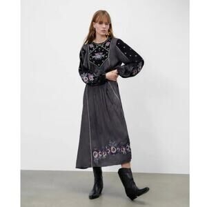 Zara women’s bohemian brocard floral embroidered velour midi dress